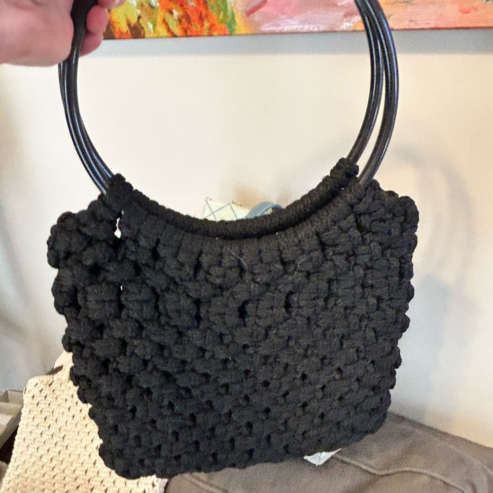 Black Textured Shoulder Bag with Curved Handles